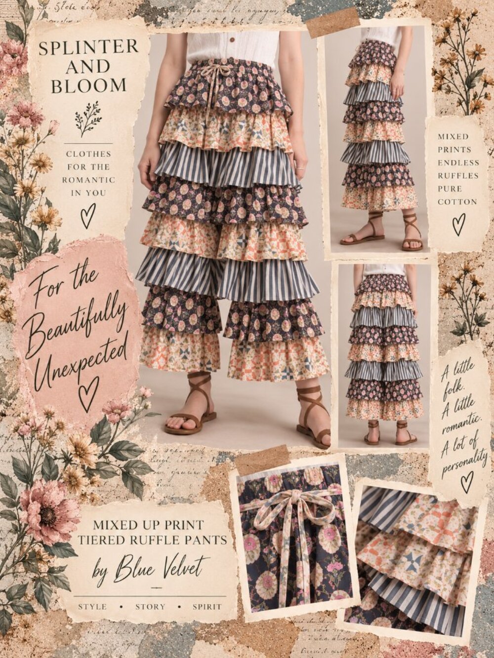 NWT Blue Velvet Boho Mixed Print Tiered Ruffle Pants 100% Cotton